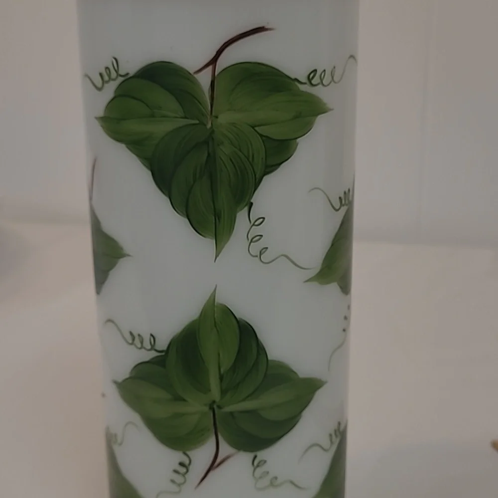 Consolidated MCM Milk Glass Vase with Hand Painted Ivy Leaf Pattern 10